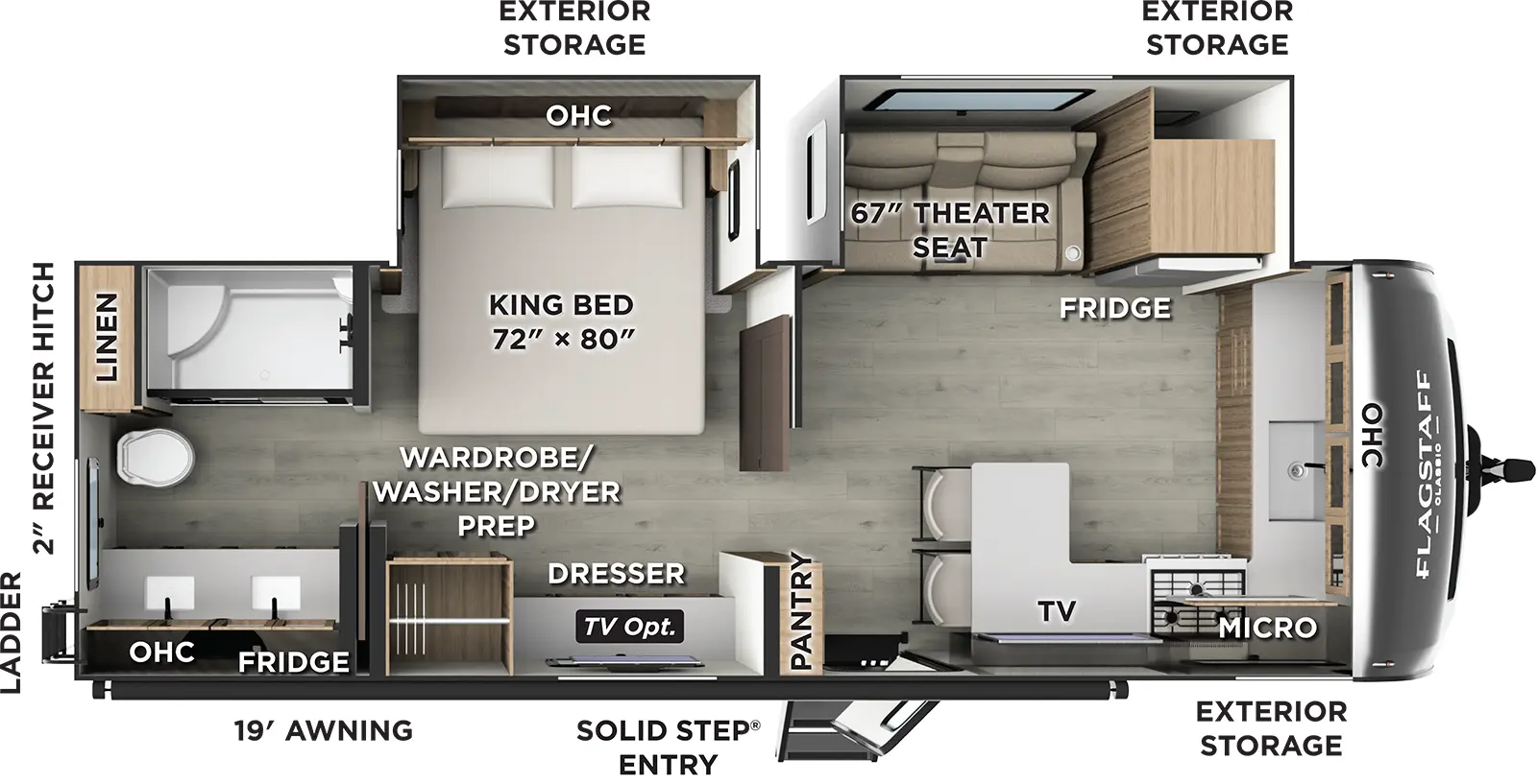 The Flagstaff Classic Travel Trailers 826MBR floorplan has one entry and two slide outs. Exterior features include: fiberglass exterior and 19' awning. Interiors features include: front kitchen and rear bathroom.